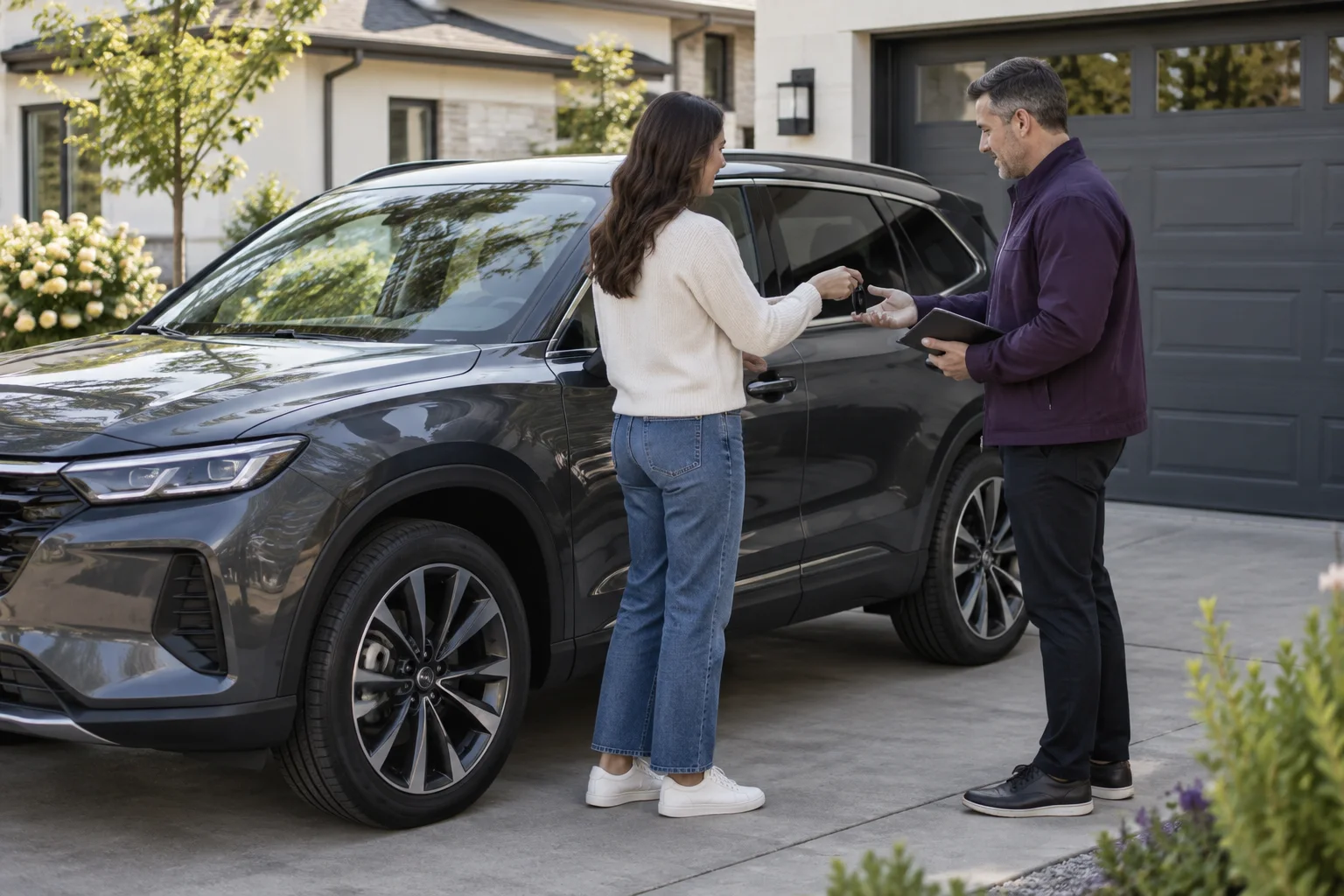 Illustration of a customer handing vehicle keys to a dealership representative beside an SUV on a residential driveway